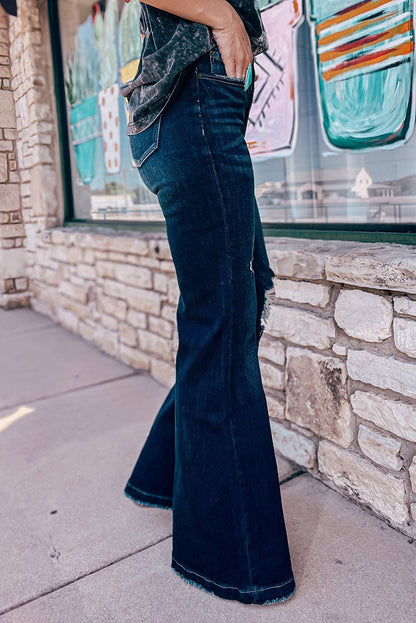 Real Teal High Rise Ripped Bell Bottom Jeans - LA Grand