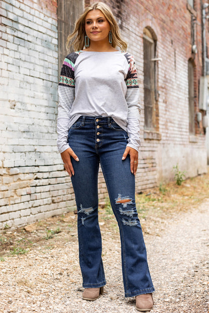 Dark Washed Distressed Flare Bottom Jeans - LA Grand