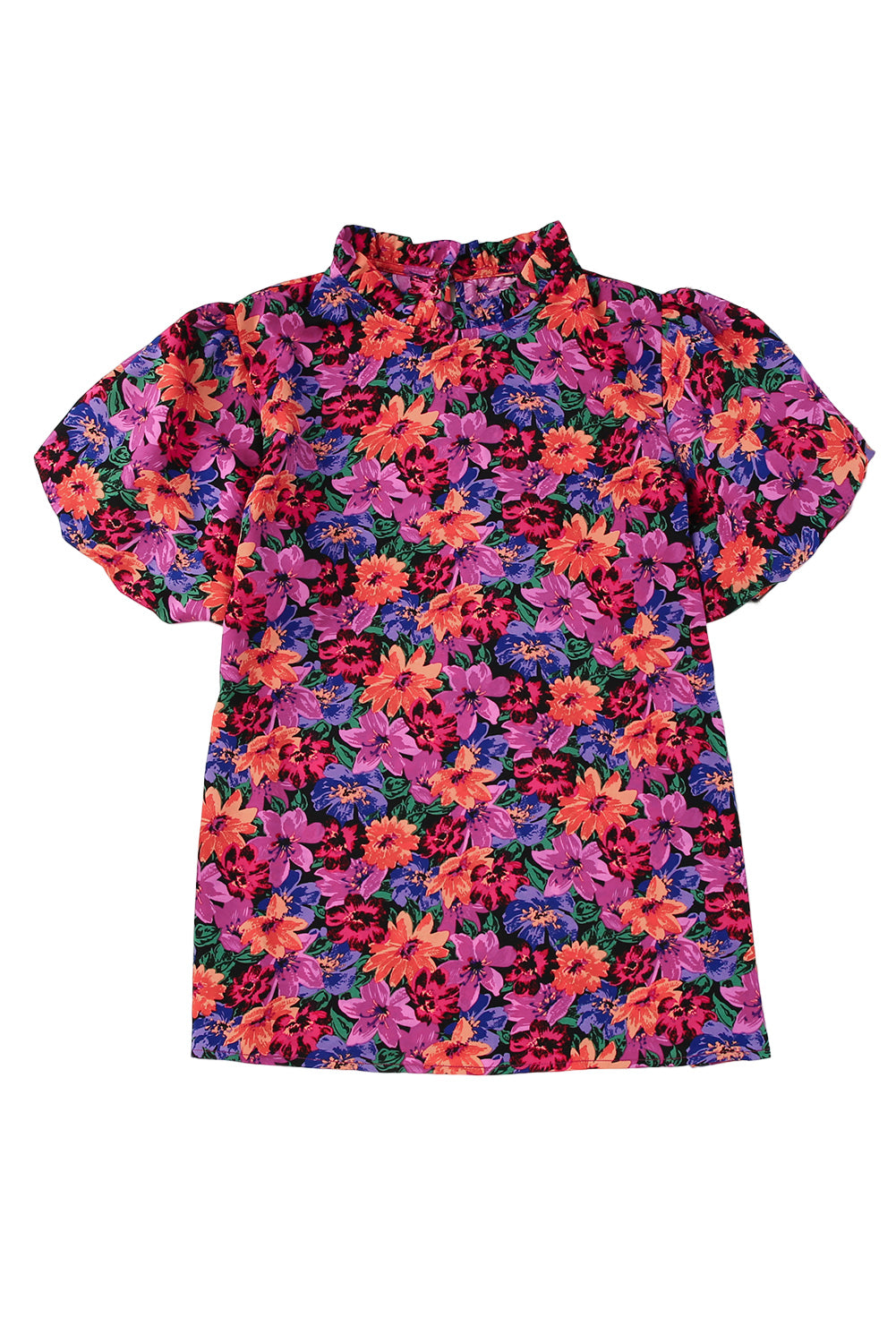 Multicolor Floral Print Round Neck Puff Sleeve Blouse - LA Grand