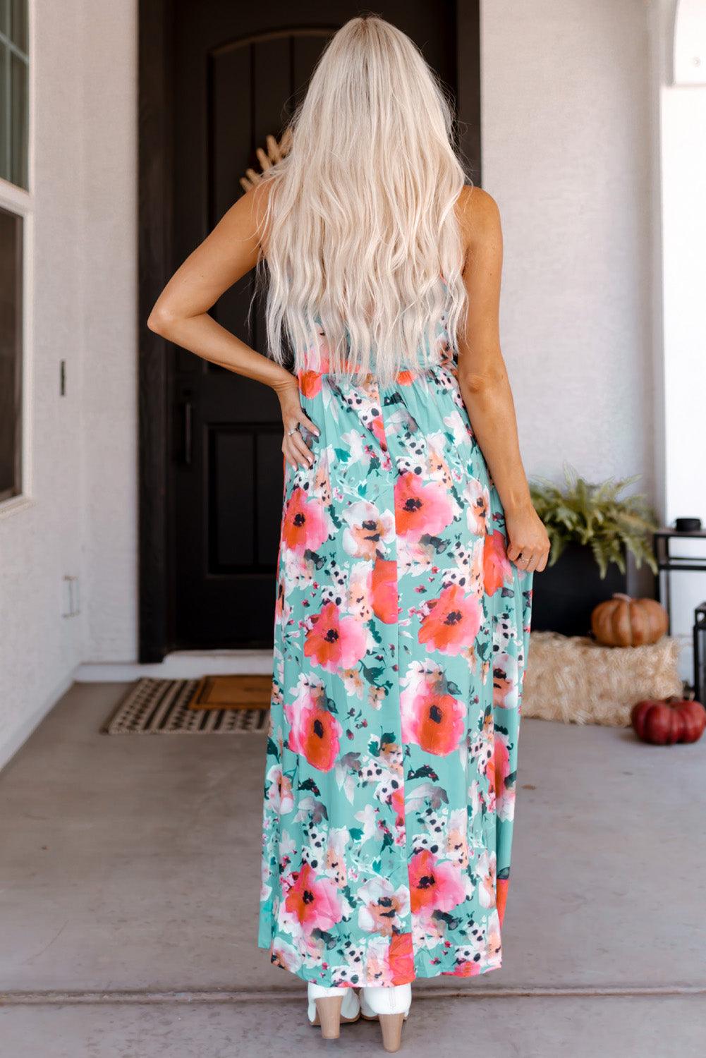 Sky Blue Boho Print Sleeveless High Waist Long Floral Dress - LA Grand