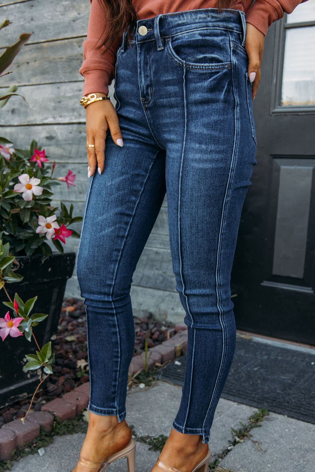 Blue Seamed High Waist Skinny Fit Jeans - LA Grand