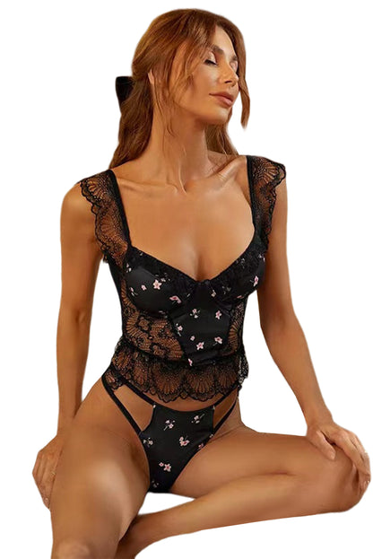 Black Floral Print Sexy Lace Ruffled Lingerie Set - LA Grand