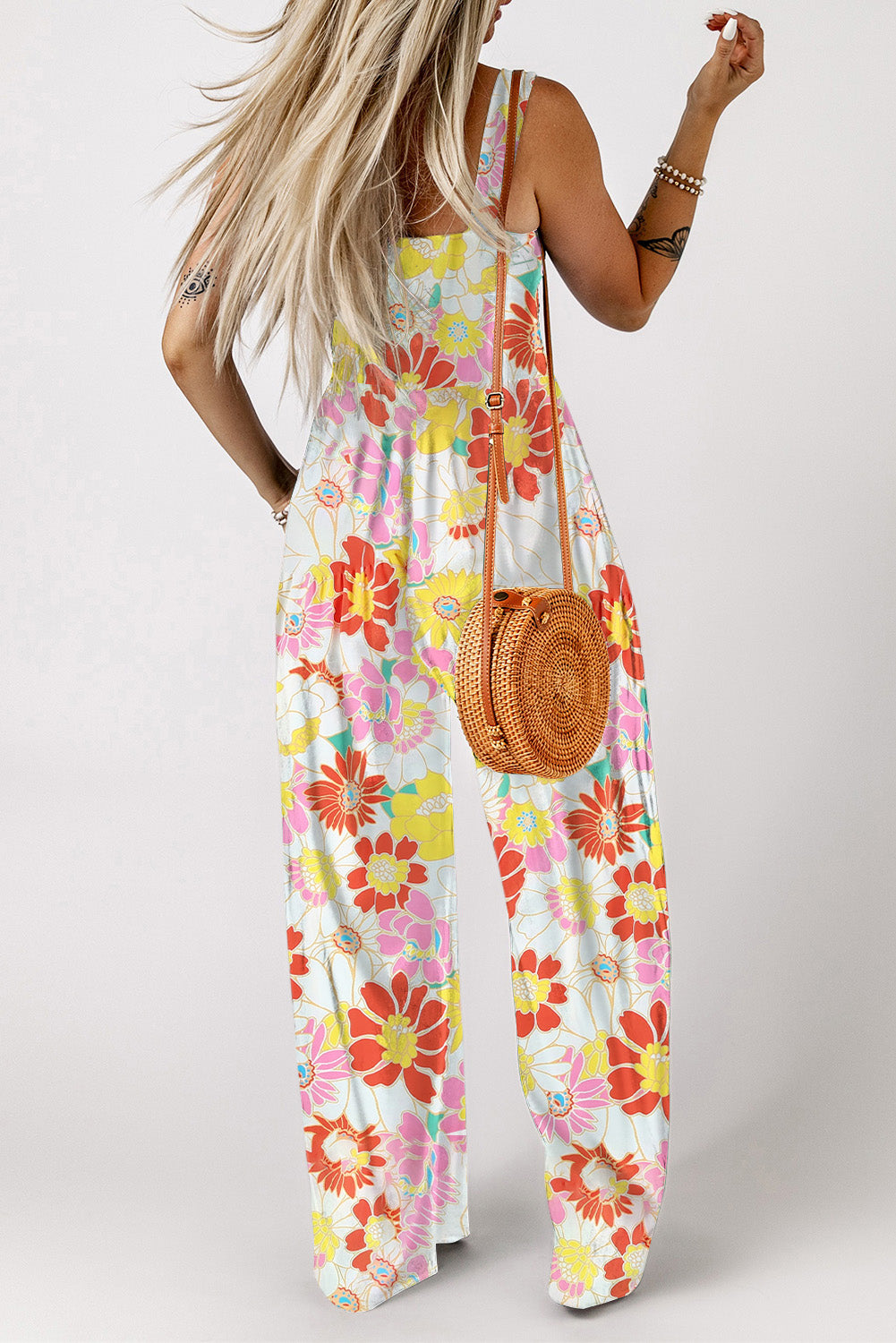 Multicolor Floral Print Shirred Sleeveless Wide Leg Jumpsuit - LA Grand