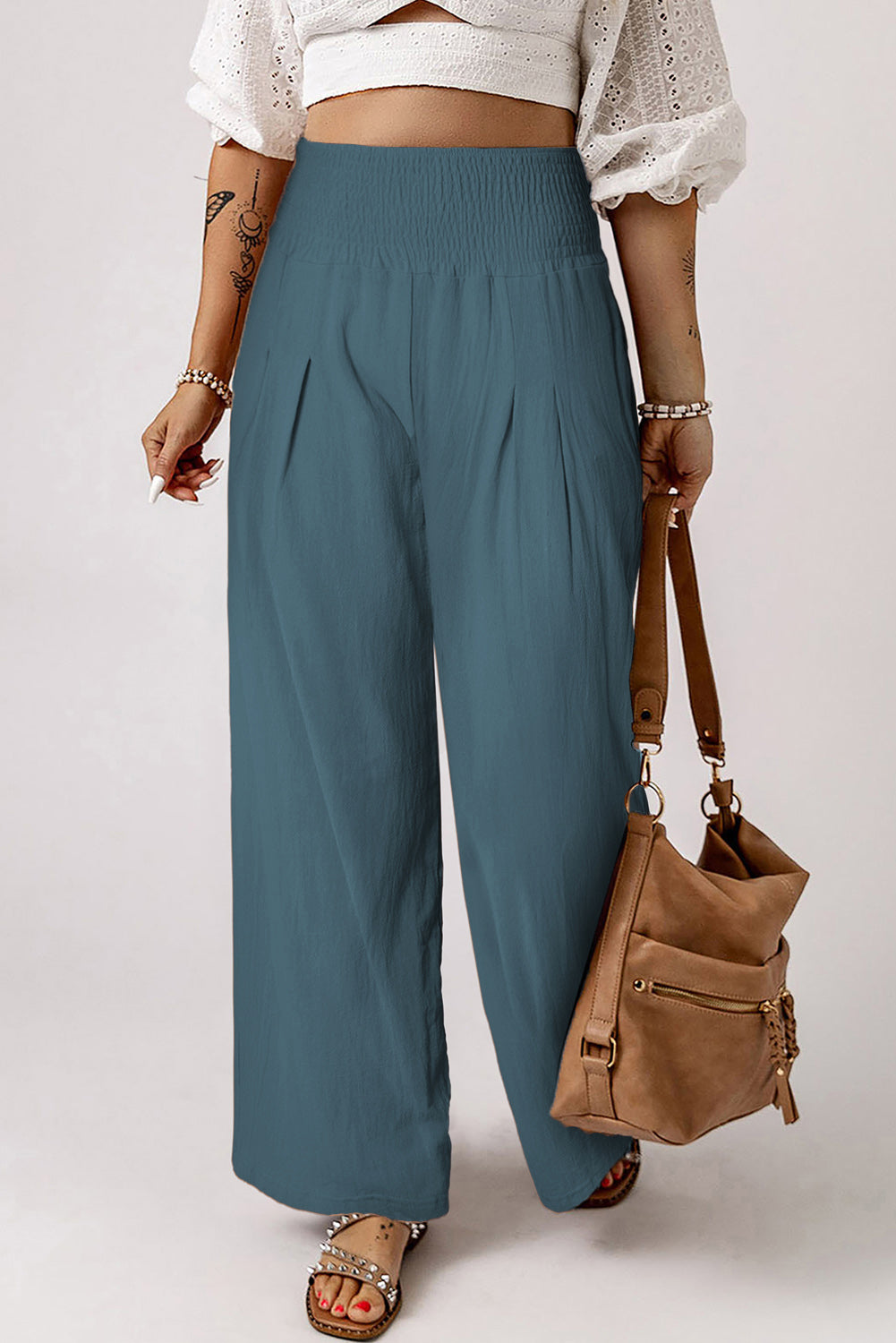 Sky Blue Smocked Wide Waistband High Waist Wide Leg Pants - LA Grand