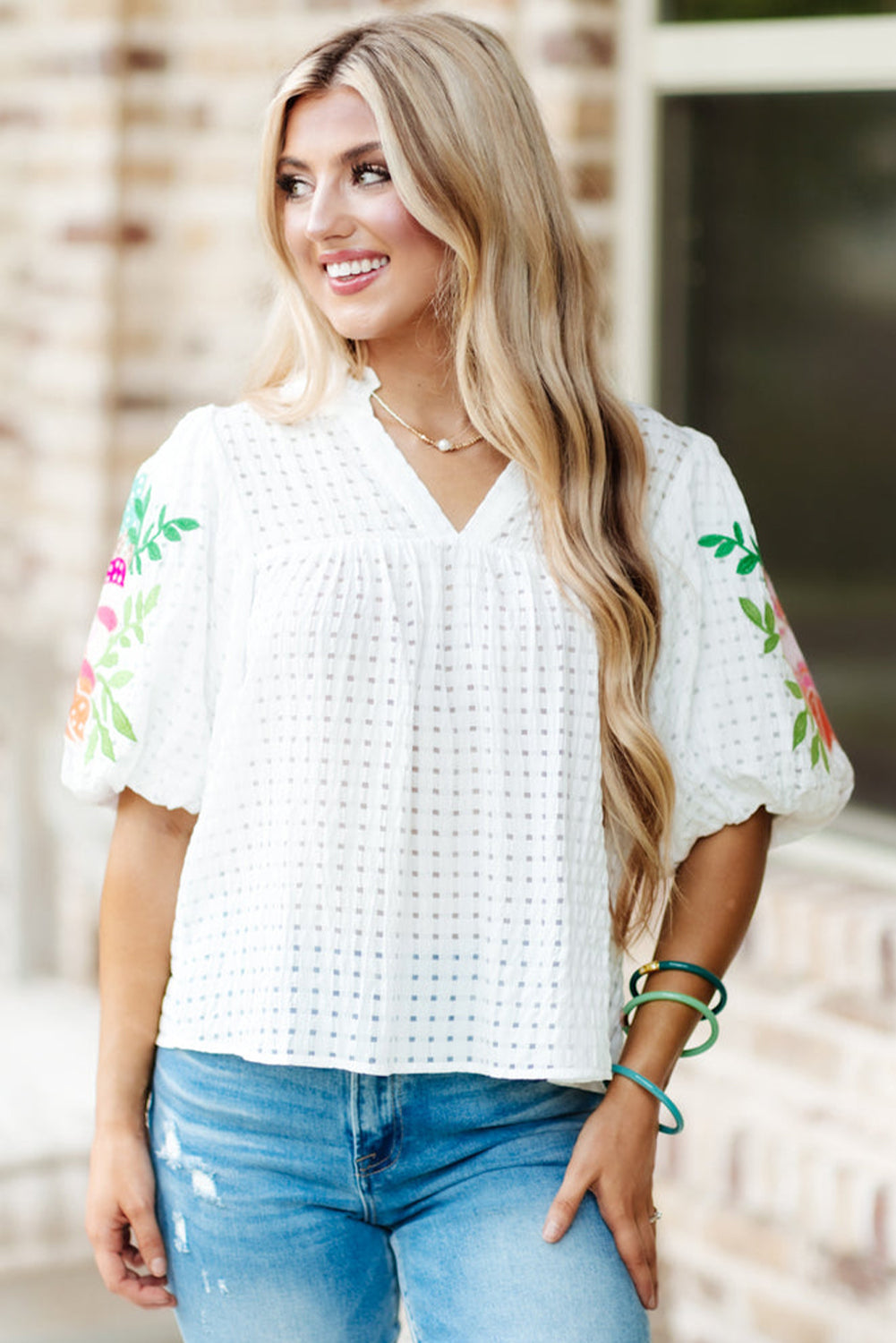 White Floral Embroidered Puff Sleeve Notched Neck Blouse - LA Grand