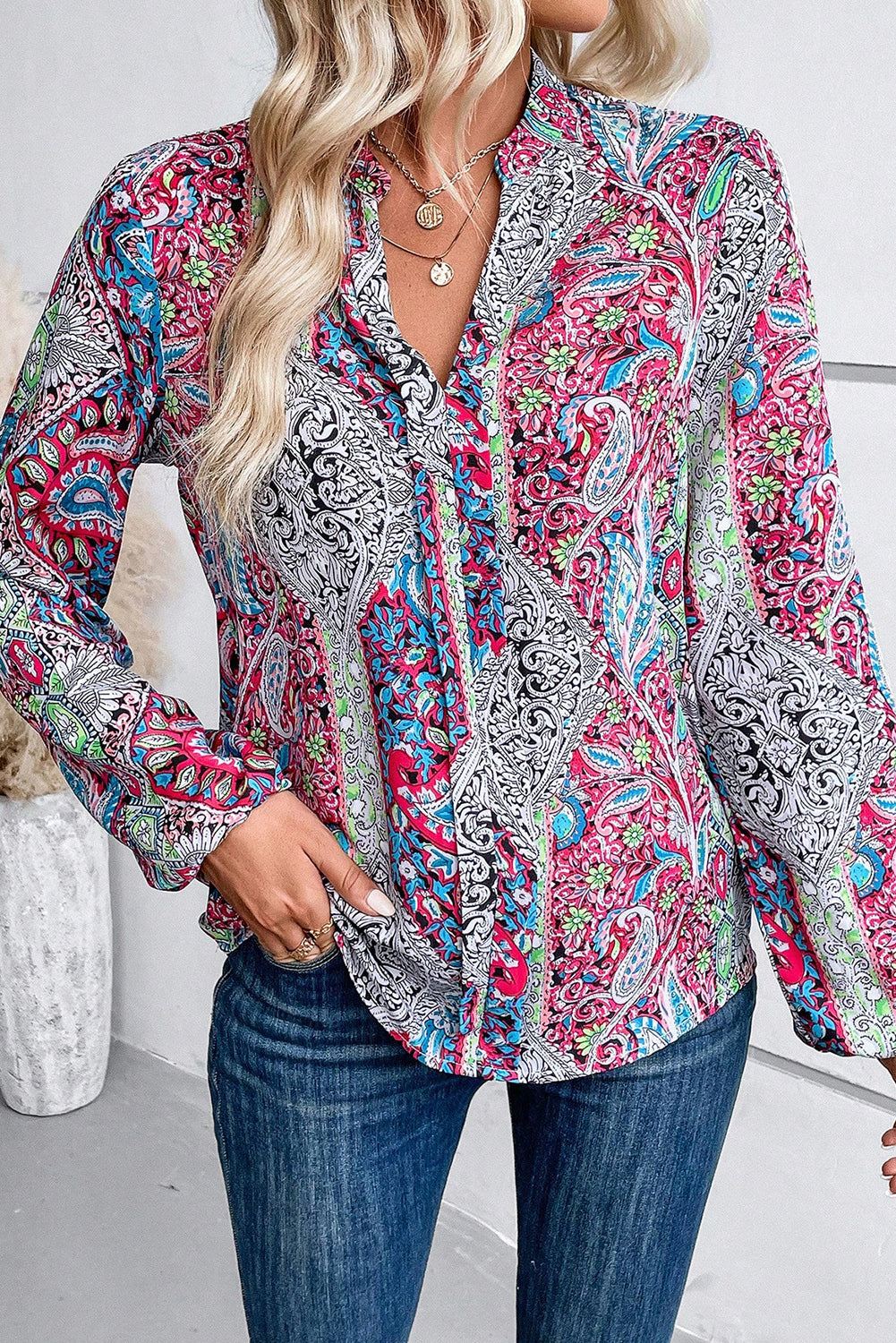 Pink Vintage Boho Paisley Print Notched Neck Blouse - LA Grand