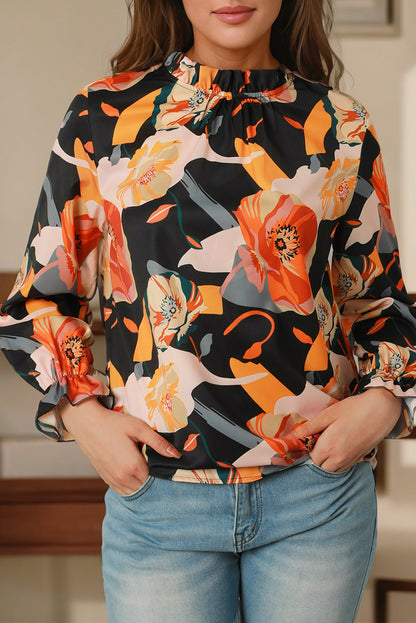 Black Floral Print Mock Neck Blouse - LA Grand