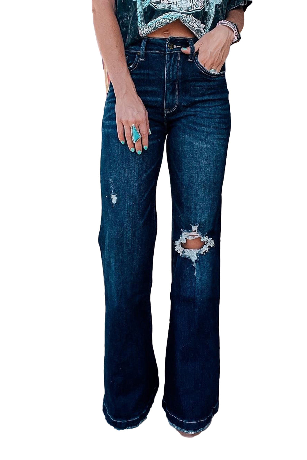 Real Teal High Rise Ripped Bell Bottom Jeans - LA Grand