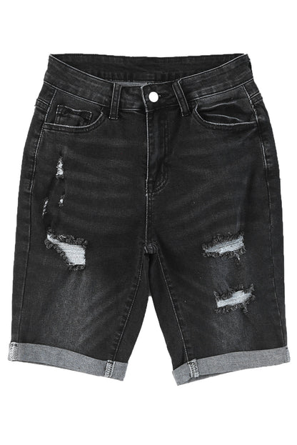 Blue Roll-up Distressed Bermuda Denim Shorts - LA Grand