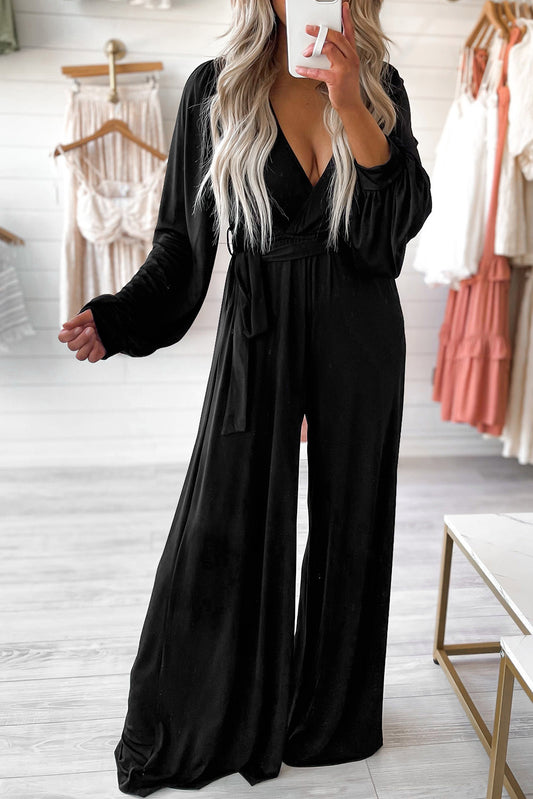 Black Cutout Back Belted V Neck Wide Leg Jumpsuit - LA Grand