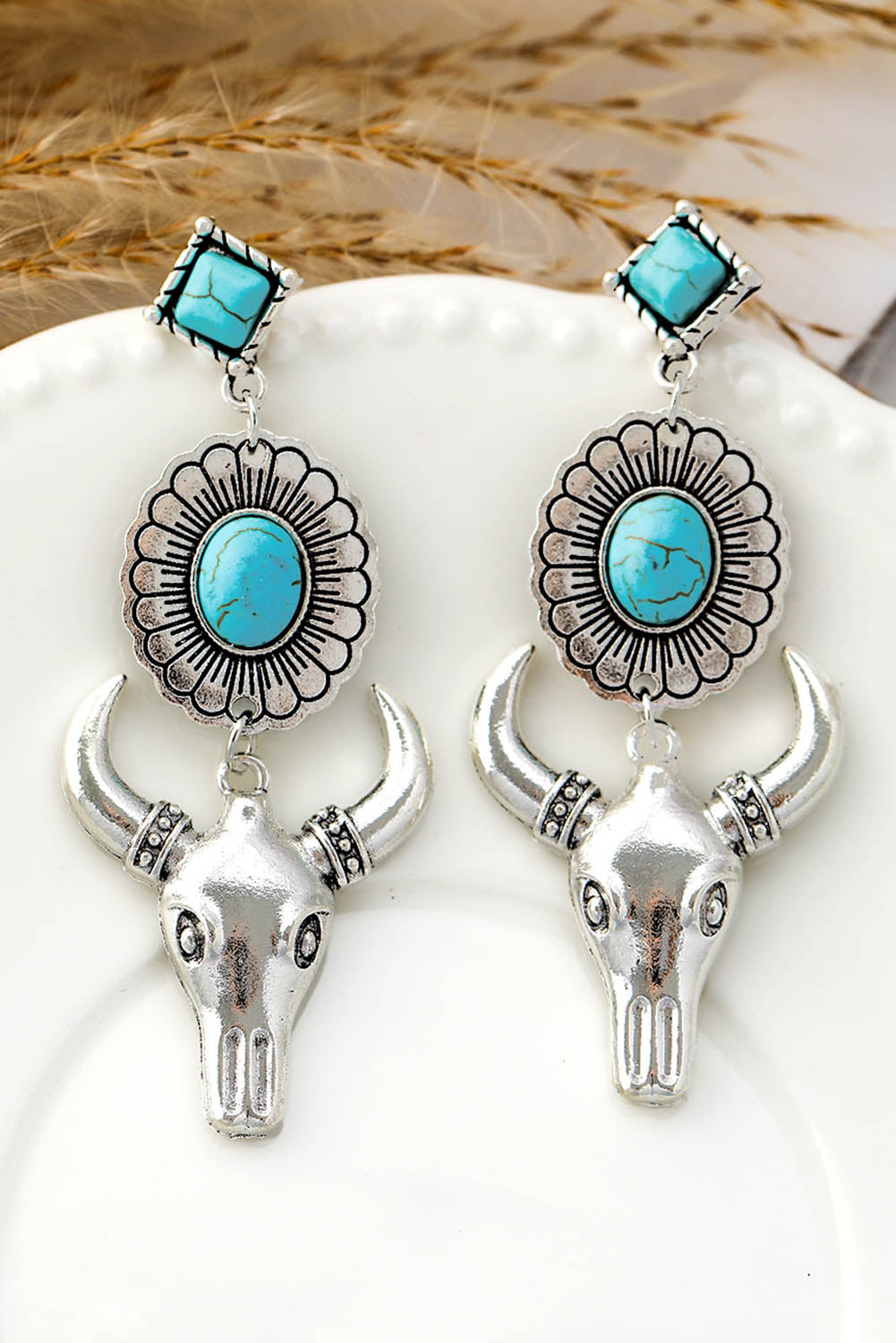 Silver Turquoise Gem Stone Flower Steer Head Boho Earrings - LA Grand