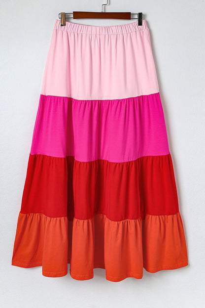 Pink Color Block Tiered Drawstring High Waist Maxi Skirt - LA Grand