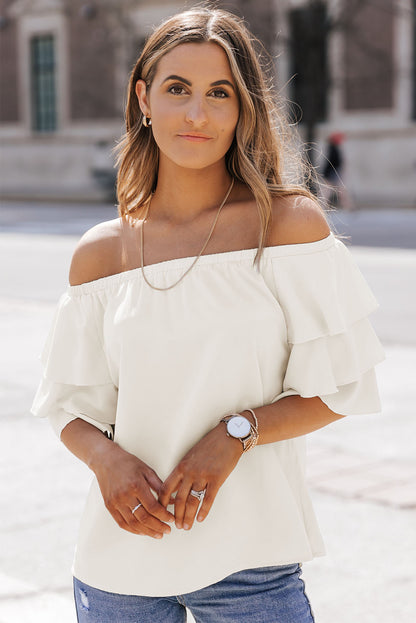 Apricot Tiered Ruffled Half Sleeve Off Shoulder Blouse - LA Grand