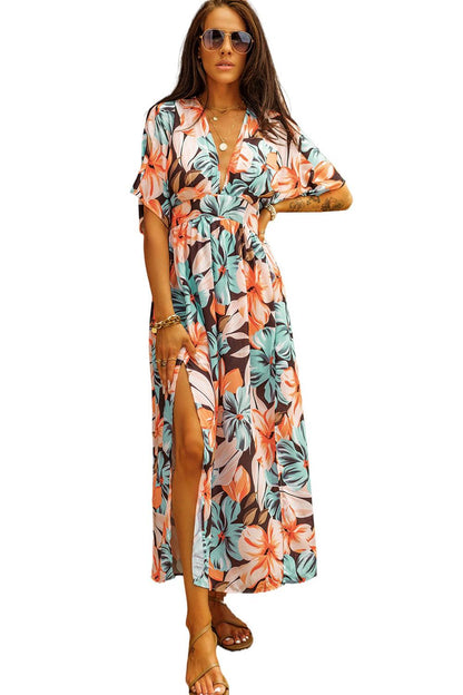 Orange Floral Kimono Long Dress with Slit - LA Grand