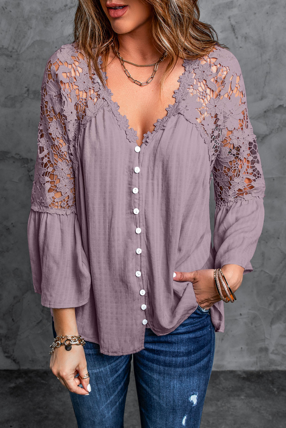 Purple Crochet Lace Button Top - LA Grand