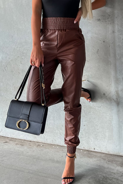 Brown Smocked High-Waist Leather Skinny Pants - LA Grand