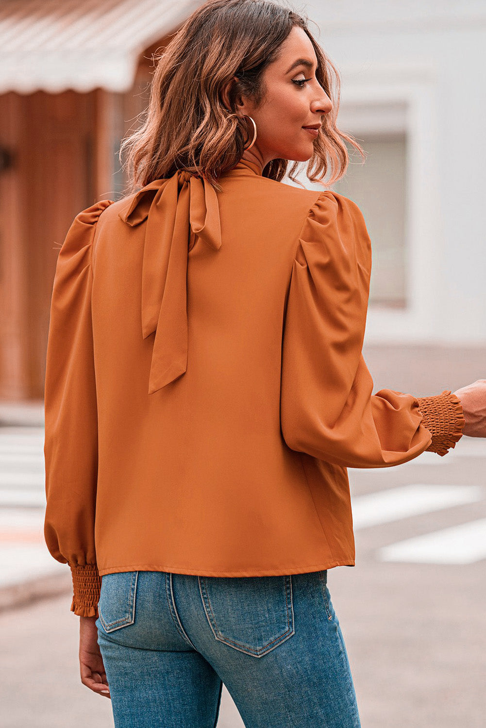 Orange Long Bubble Sleeve Mock Neck Chiffon Blouse - LA Grand