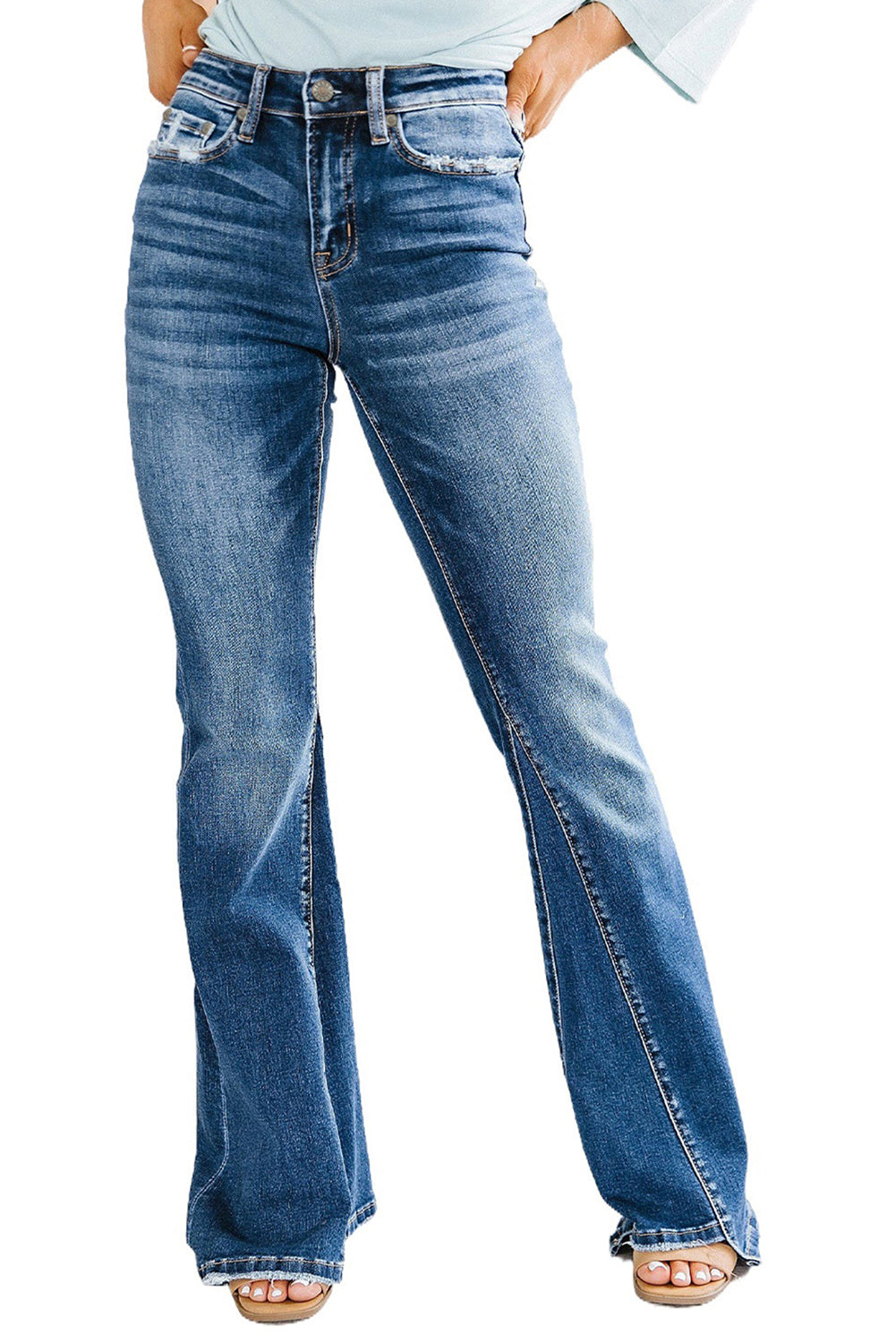 Sky Blue Medium Wash High Rise Flare Jeans - LA Grand