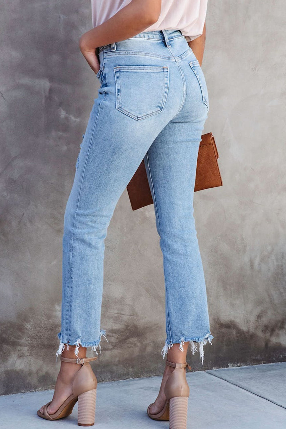 Sky Blue Cross Over Waist Raw Edge Cropped Jeans - LA Grand