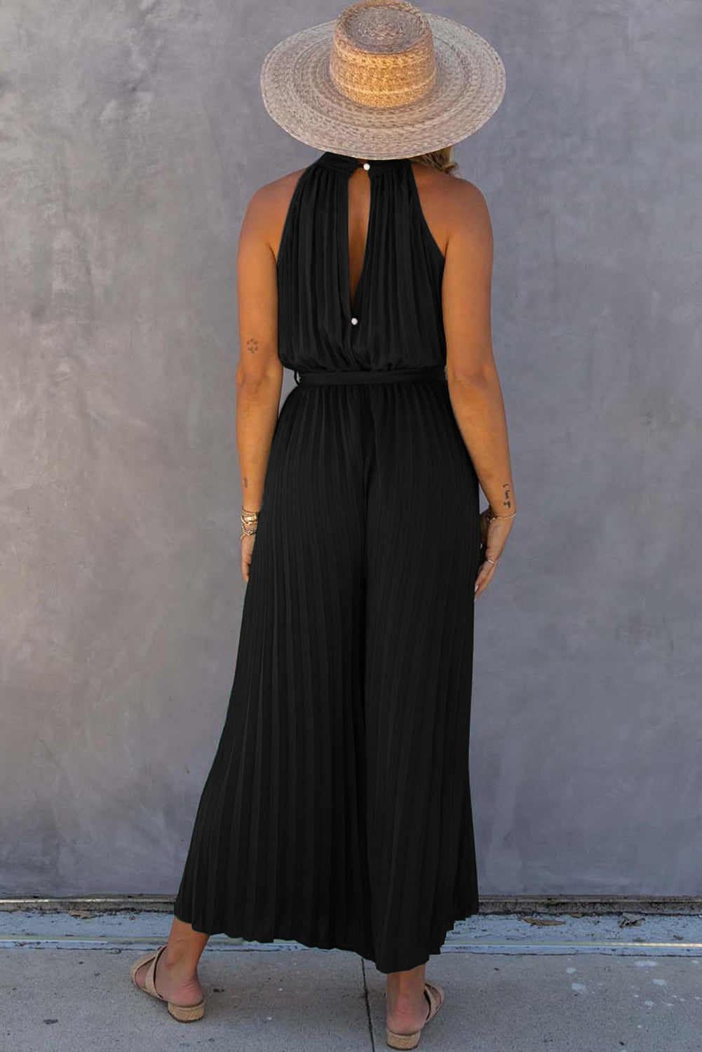 Black Halter Neck Pleated Wide Leg Jumpsuit with Belt - LA Grand