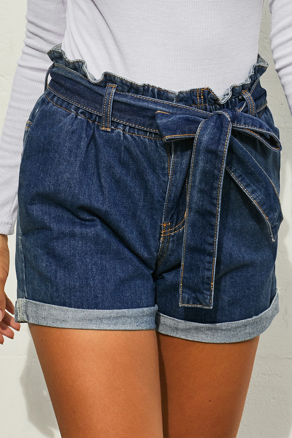 Light Blue Paper Bag Waist Denim Shorts - LA Grand