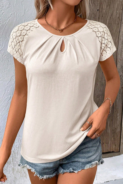 White Contrast Lace Sleeve Keyhole Decor Top - LA Grand