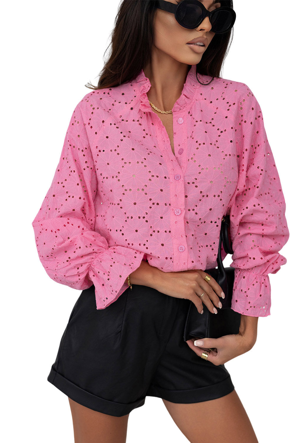 Pink Hollow Out Embroidered Floral Shirt - LA Grand