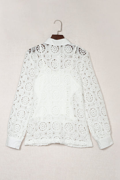 White Crochet Lace Hollow-out Turn-down Collar Shirt - LA Grand