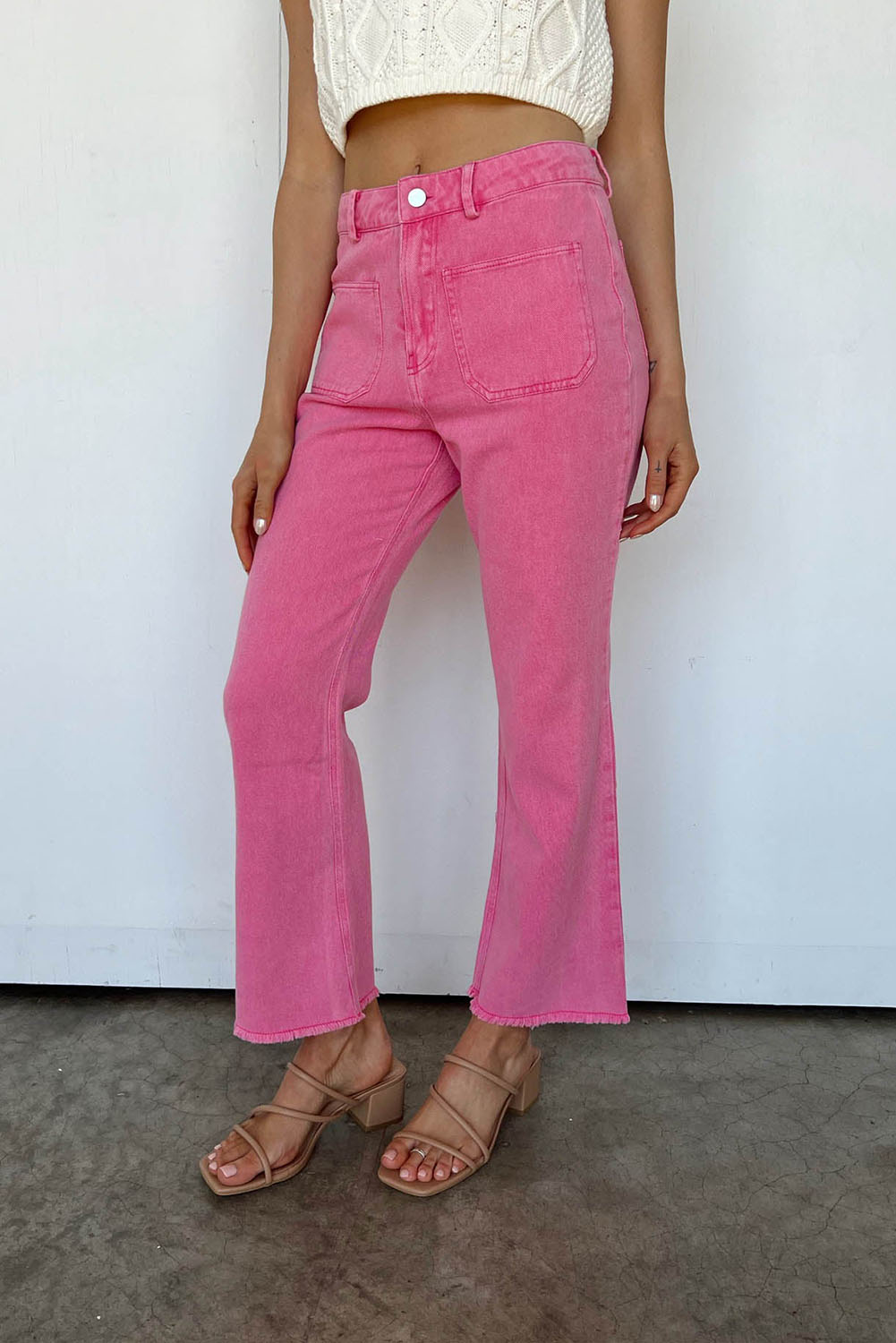 Pink Ankle-length Flare Leg Raw Hem Jeans - LA Grand