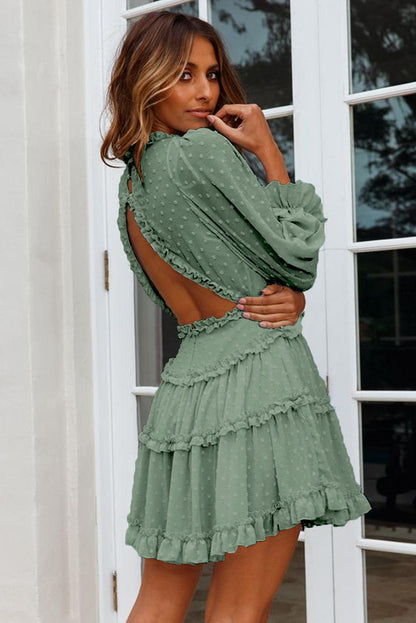 Enchanting Emerald Ruffle Fantasy Open-Back Mini Dress - LA Grand