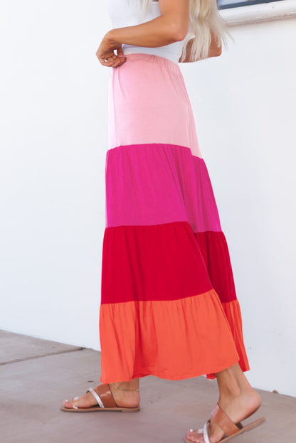 Pink Color Block Tiered Drawstring High Waist Maxi Skirt - LA Grand