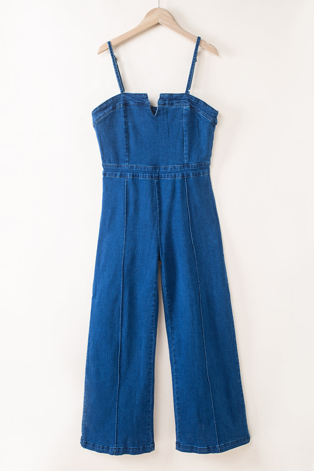 Blue Spaghetti Straps Notch V Denim Jumpsuit - LA Grand