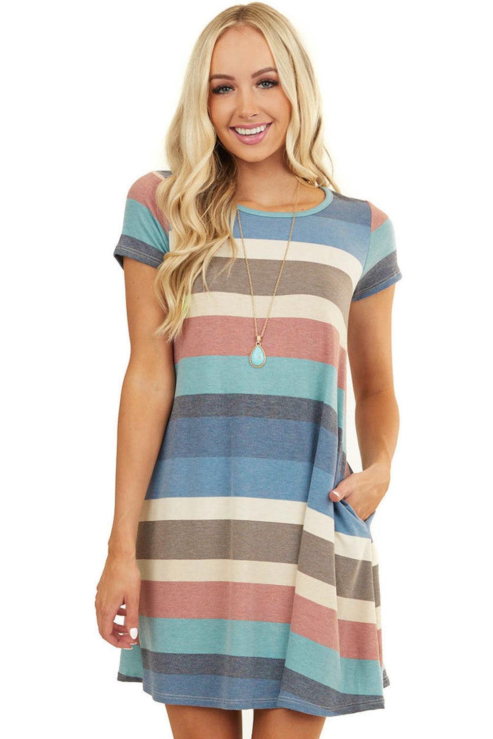 Multicolor Striped Pocket T Shirt Dress - LA Grand