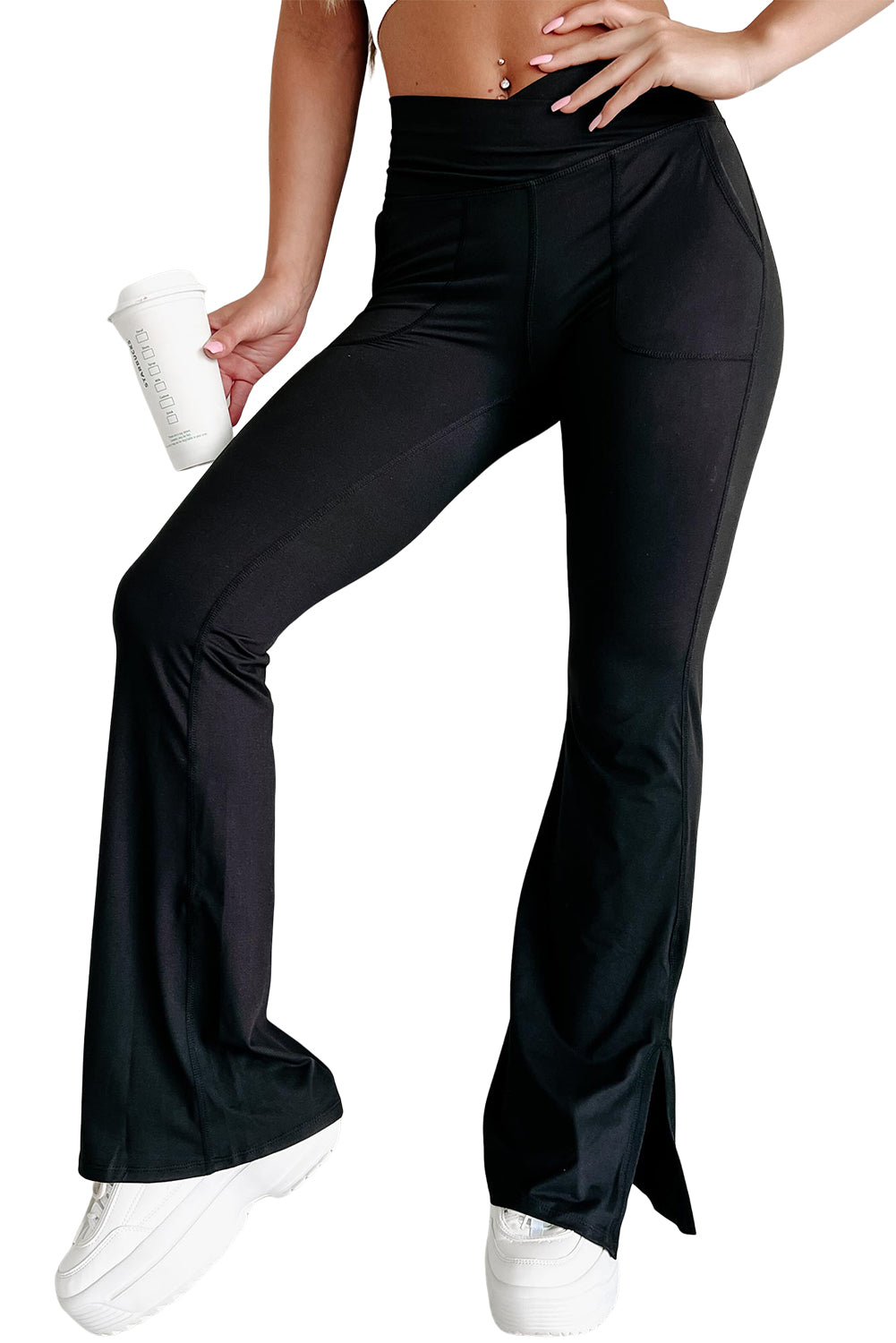 Black Cross Waist Pocketed Split Hem Flared Leggings - LA Grand