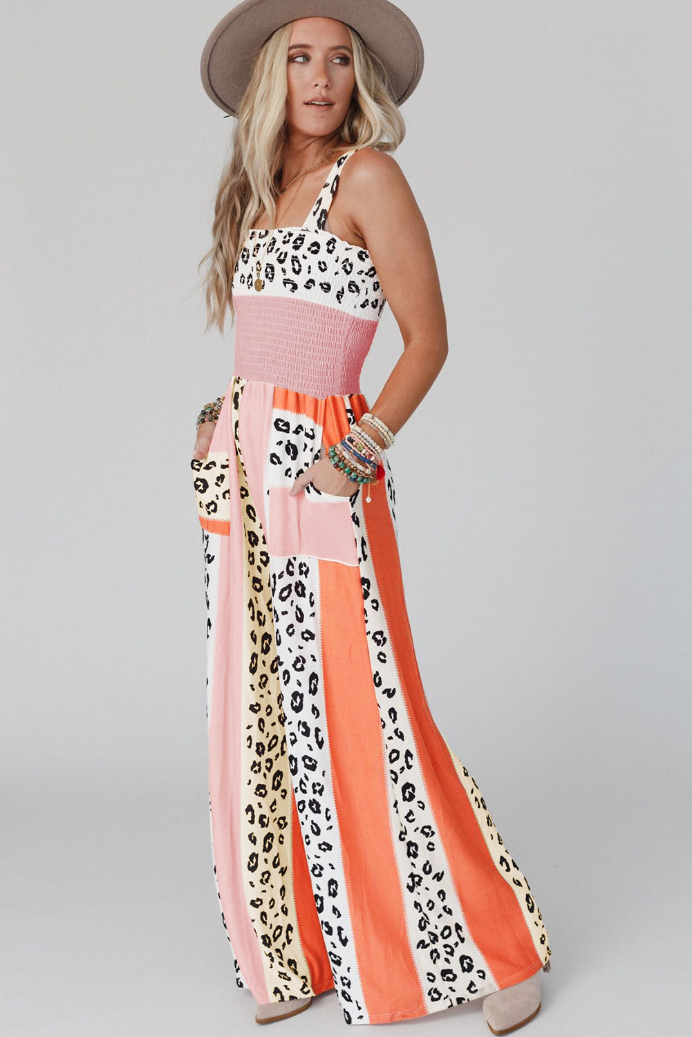 Pink Leopard Color Block Mix Print Pocketed Jumpsuit - LA Grand