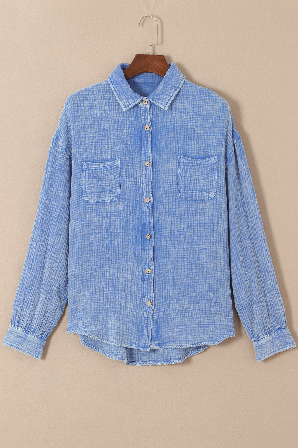 Sky Blue Mineral Wash Crinkle Textured Chest Pockets Shirt - LA Grand