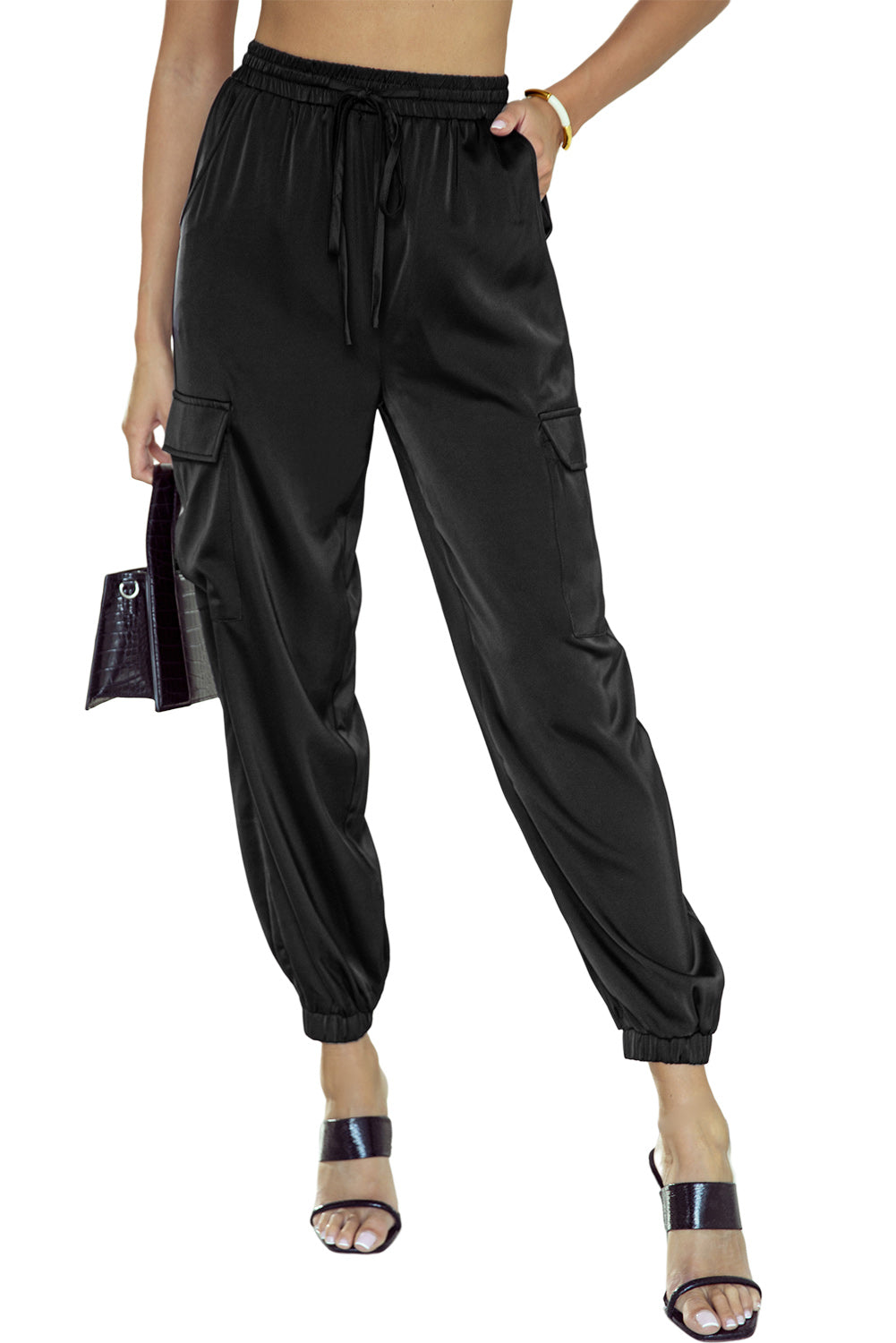 Rose Satin Pocketed Drawstring Elastic Waist Pants - LA Grand