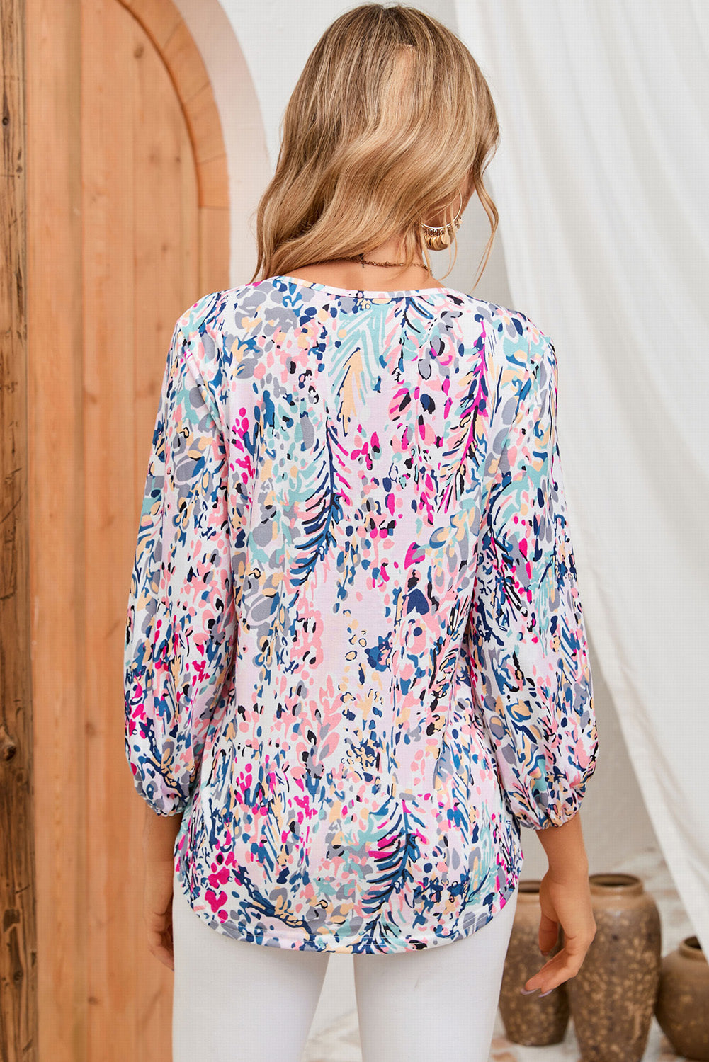 Blue Floral Print Puffy Sleeve Loose Blouse - LA Grand