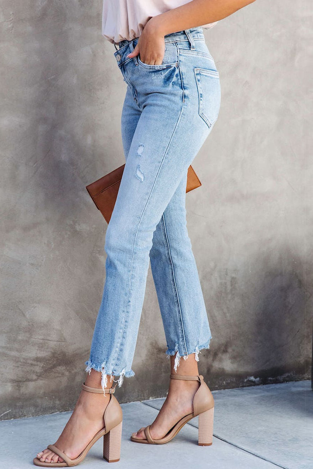 Sky Blue Cross Over Waist Raw Edge Cropped Jeans - LA Grand