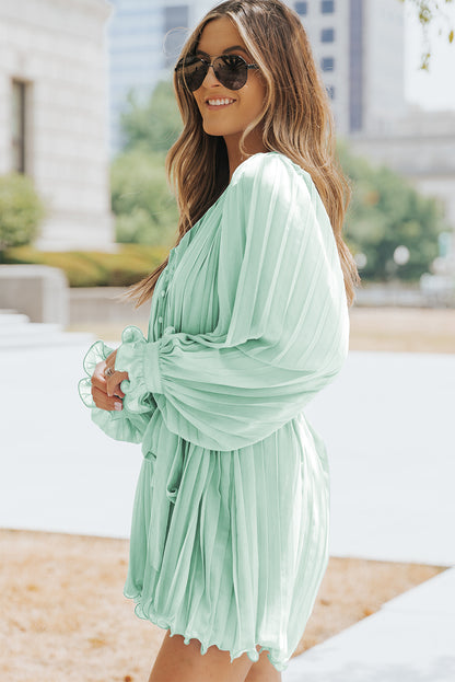 Green Pleated Ruffled Tie Waist Buttons V Neck Romper - LA Grand