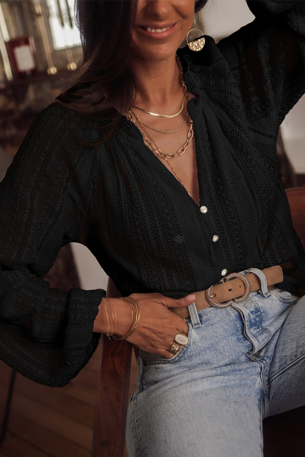 White V-Neck Long Sleeve Button Up Lace Shirt - LA Grand