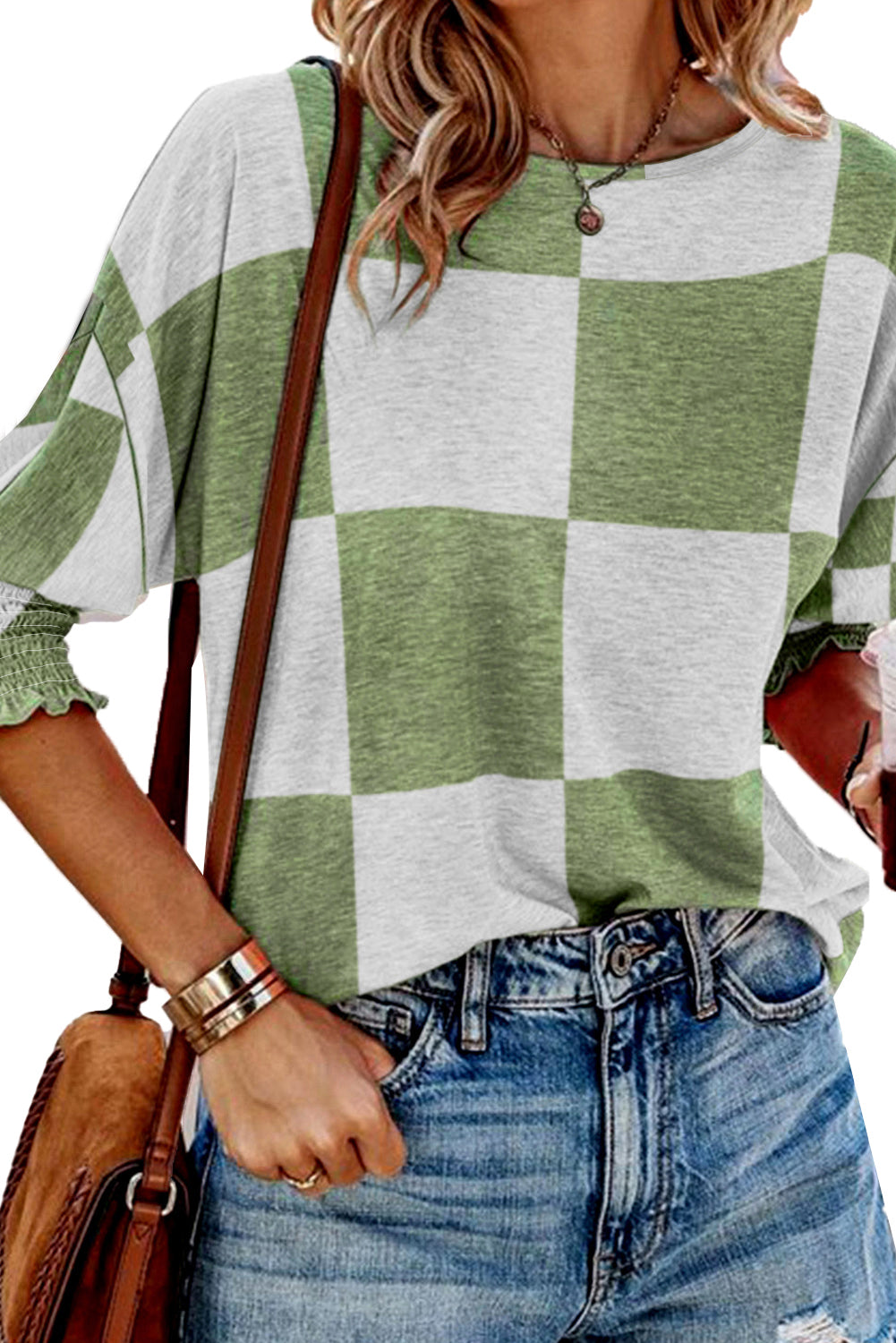 Grass Green Mix Checkered Print Shirred Cuffs Blouse - LA Grand