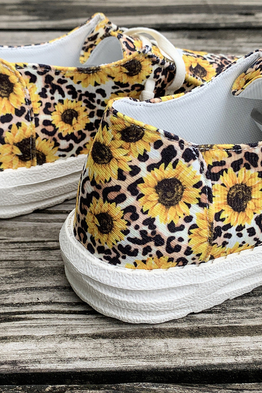 Yellow Sunflower Leopard Print Lace-up Decor Canvas Shoes - LA Grand