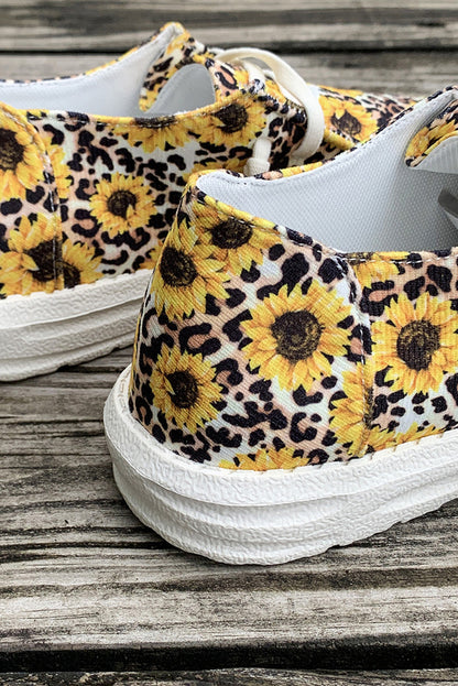 Yellow Sunflower Leopard Print Lace-up Decor Canvas Shoes - LA Grand