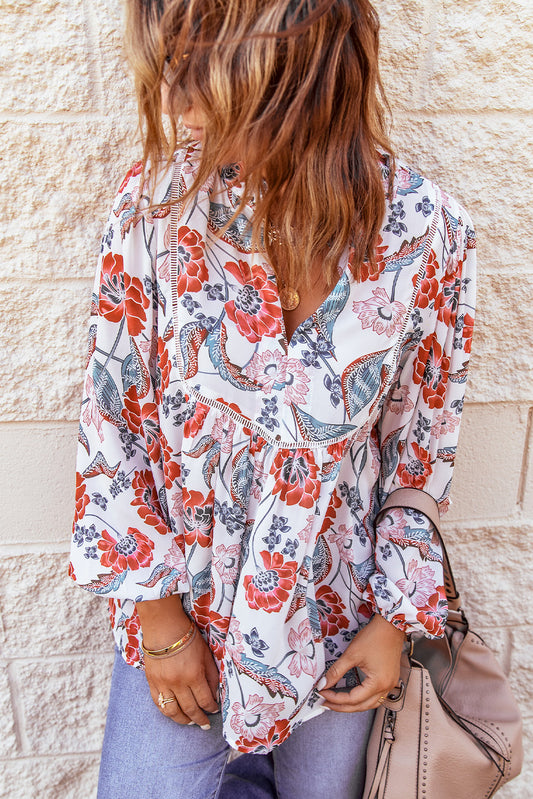 Fiery Red Split Neck Bubble Sleeve Floral Patchwork Blouse - LA Grand