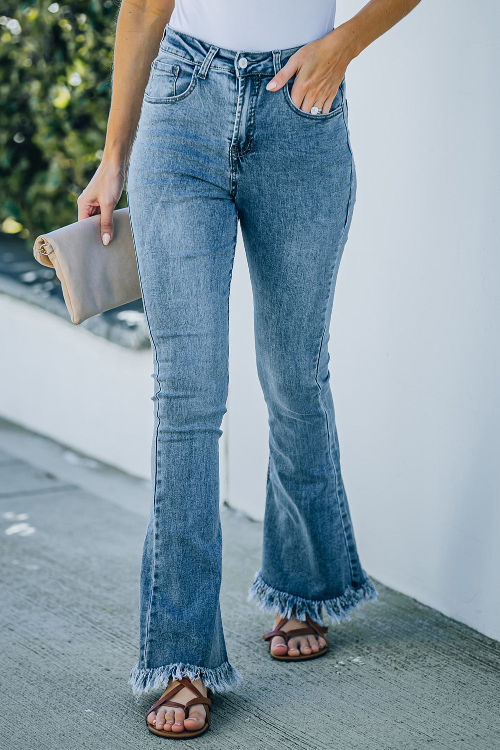 Medium Washed High Waist Flare Jeans with Raw Edges - LA Grand