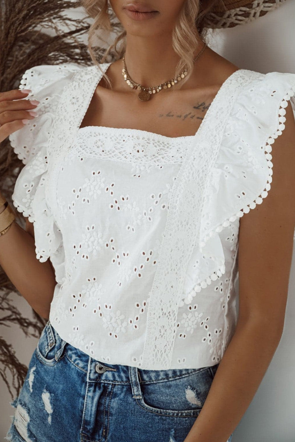 White Square Neck Ruffle Sleeve Blouse - LA Grand