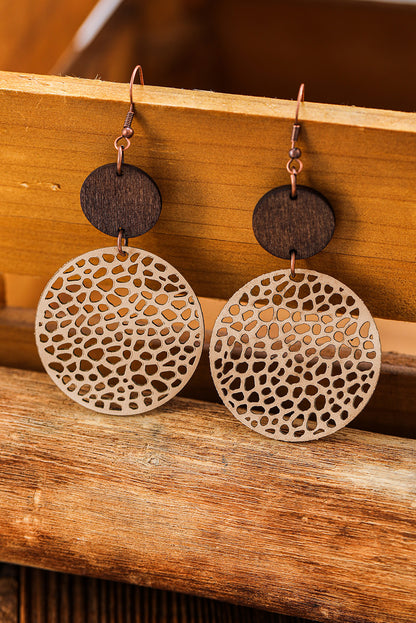 Beige Hollow Out Wooden Round Drop Earrings - LA Grand