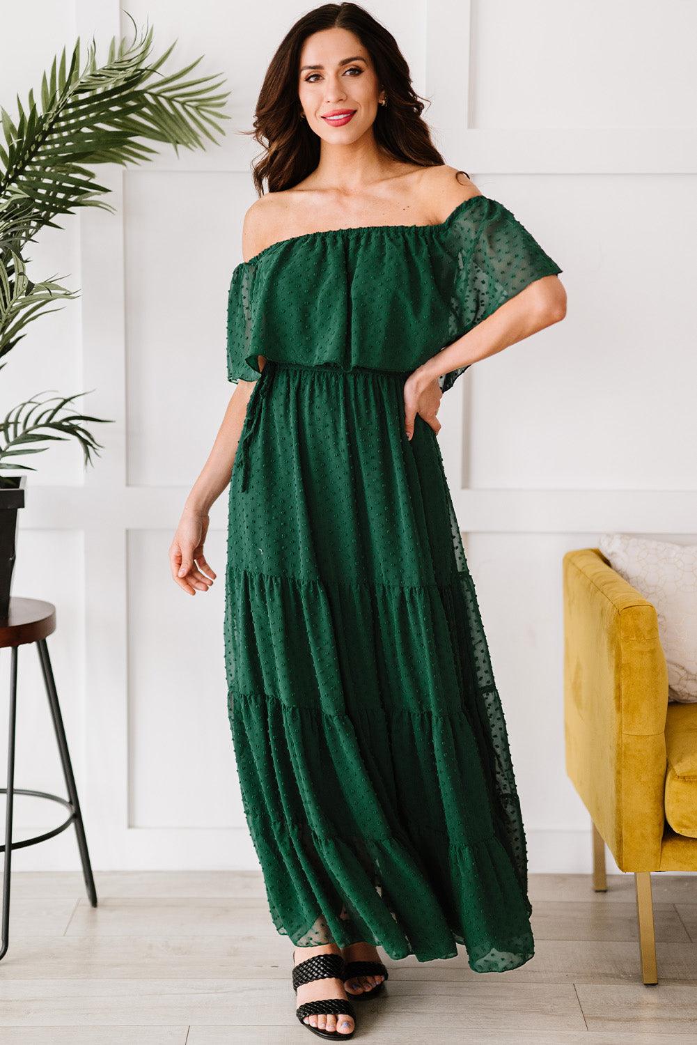 Verde Sunshine Off-Shoulder Swiss Dot Maxi Dress - LA Grand