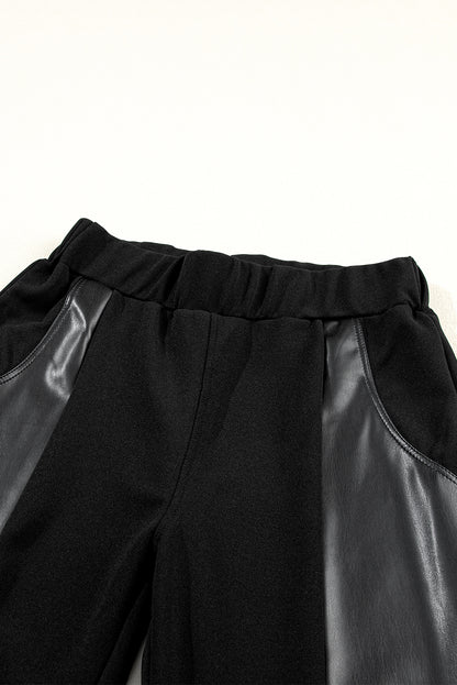 Black Leather Panel Patchwork High Waist Leggings - LA Grand